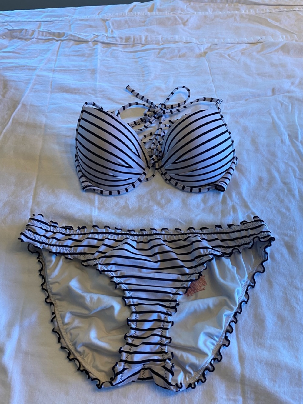 Victoria's Secret Black and White Striped Ruffled Bikini